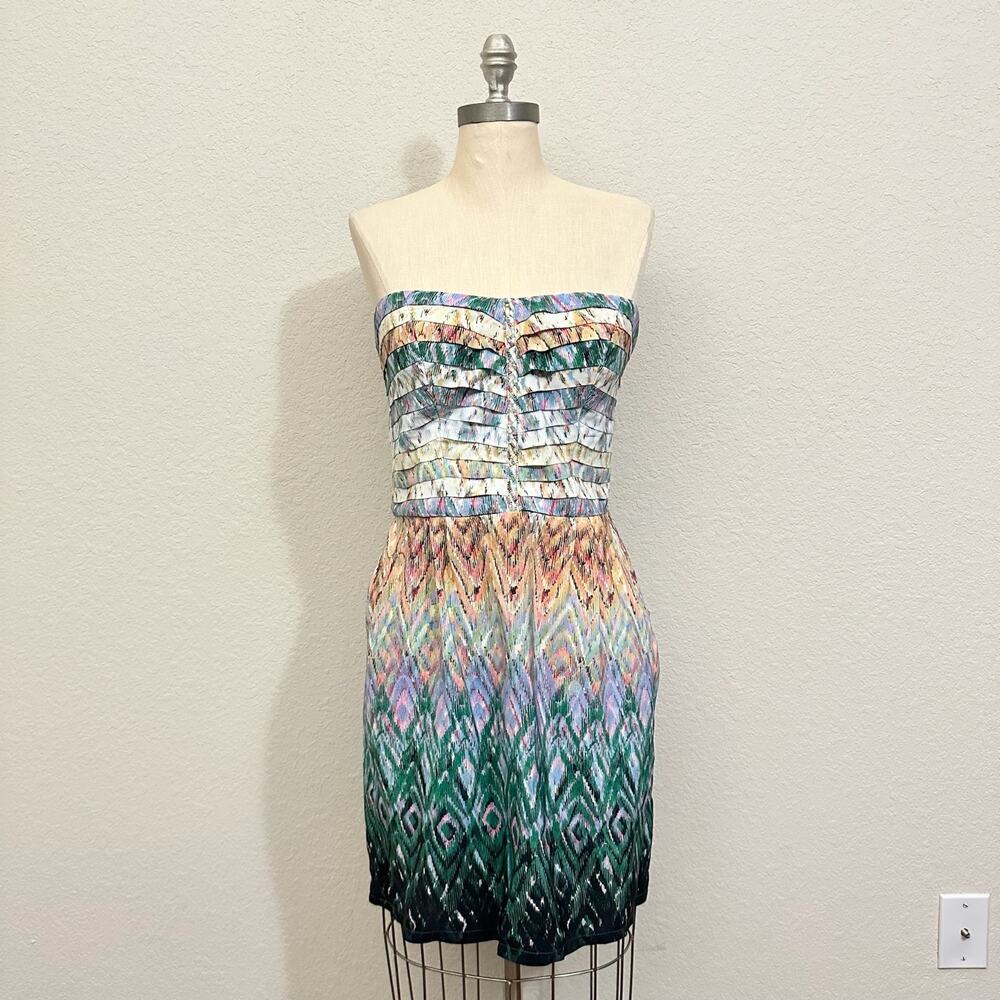 CHARLIE JADE Mini Dress Ikat Pleated Strapless Silk Cocktail Party